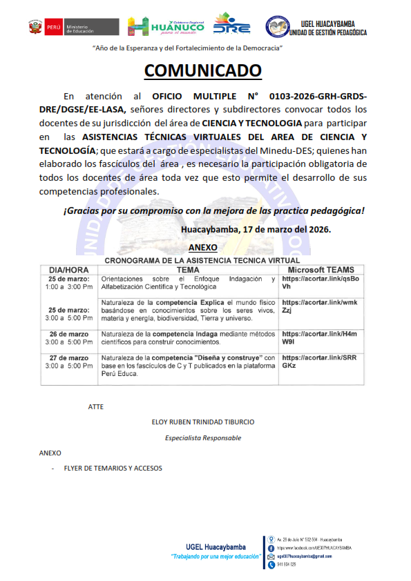 ASISTENCIAS TÉCNICAS VIRTUALES DEL AREA DE CIENCIA Y TECNOLOGÍA